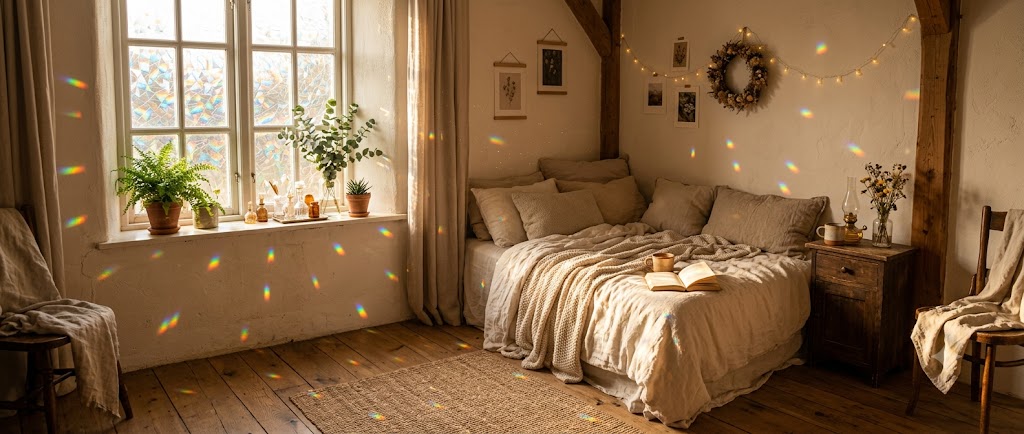 Dormitorio cozy al atardecer con arcoíris reales proyectados por la lámina de la ventana - hero de la home, imagen de ambiente generada por IA